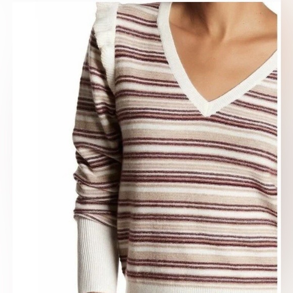 Joie Cais D striped V-neck wool cashmere w/ ruffle trim details at the shoulders - Picture 10 of 11